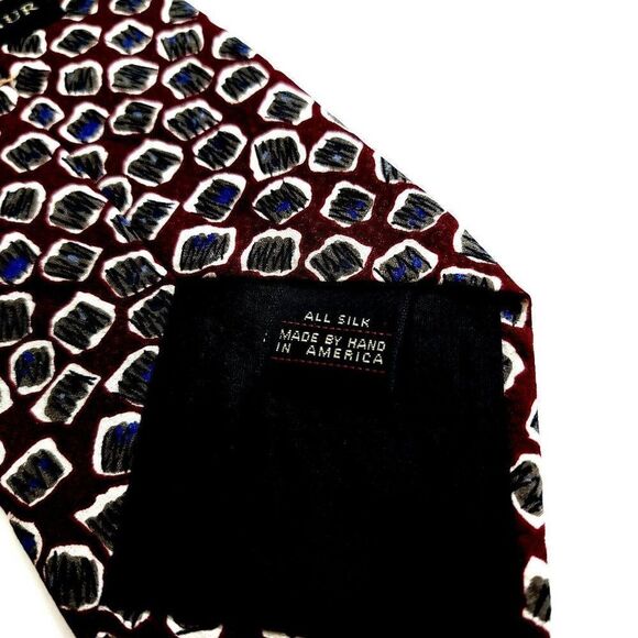 Ferrell Reed Von Maur Print Maroon Red Gray Blue Abstract Silk Tie - Picture 4 of 6